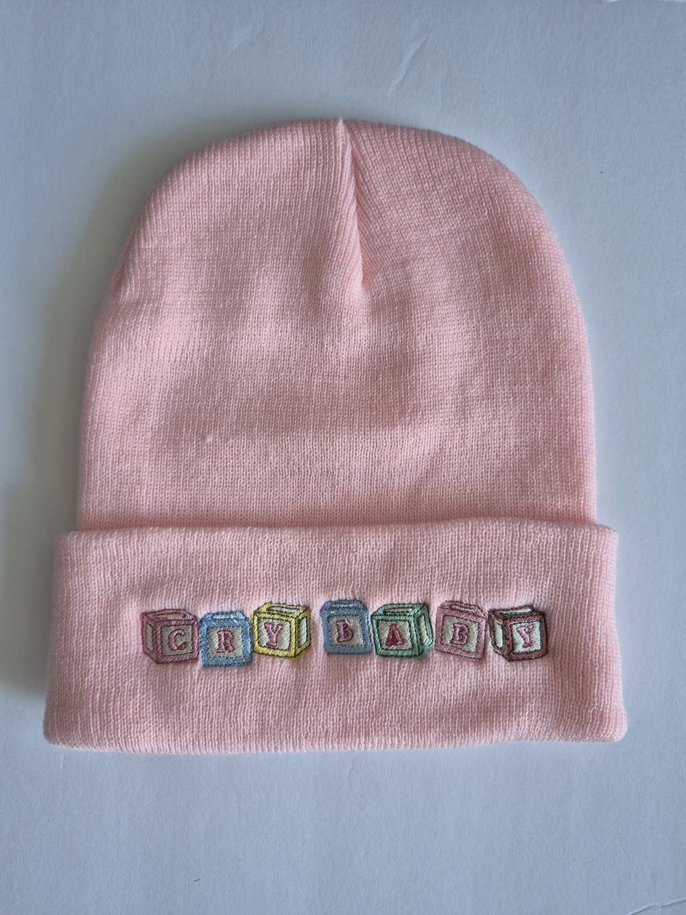 Soft Pink Embroidered Block-Letter Beanie